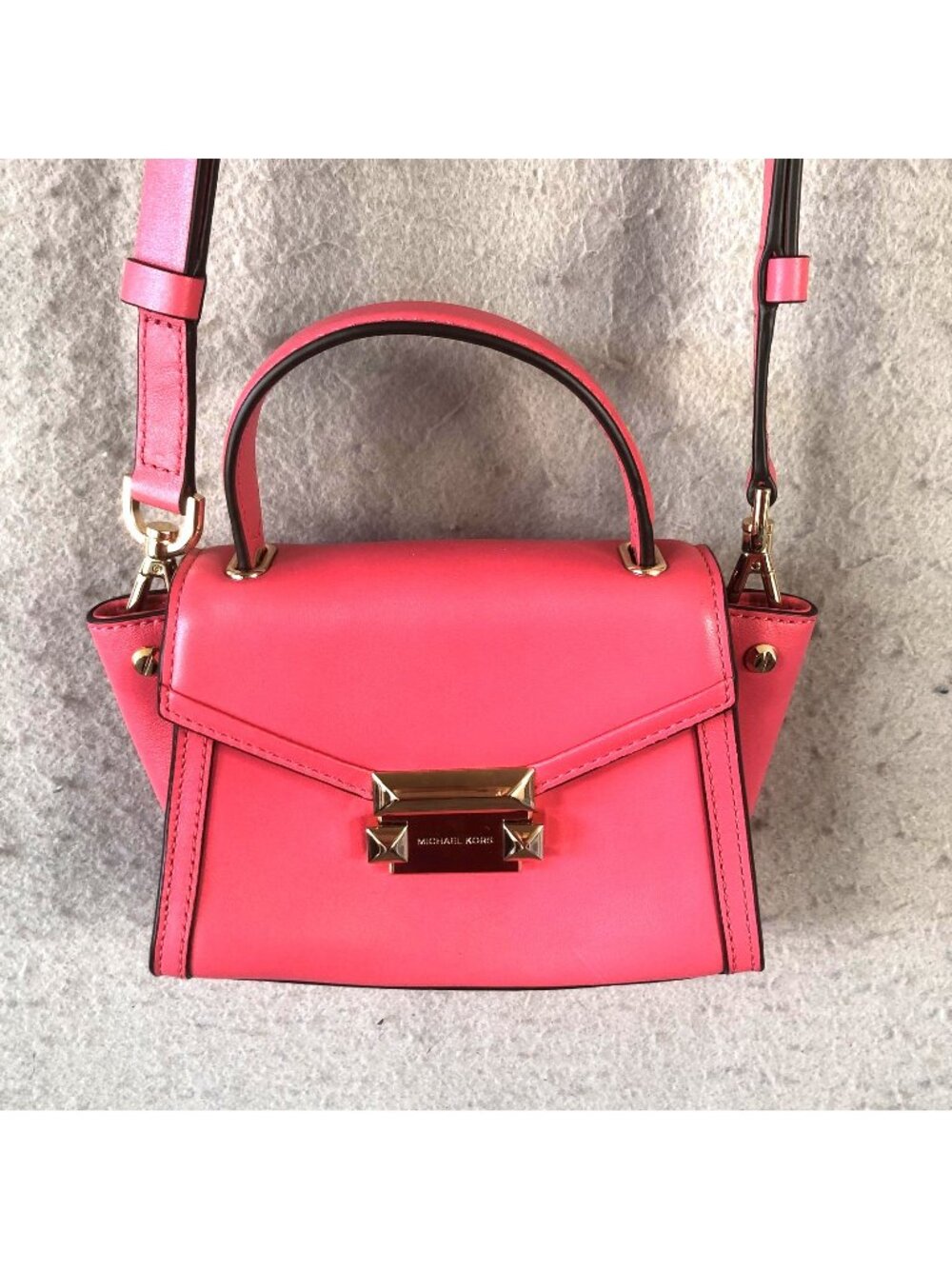 Michael Kors Crossbody Bag Women Pink Leather Gold Hardware Top Handle Party